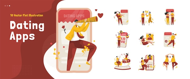 Find a mate with online dating apps on illustration bundle set