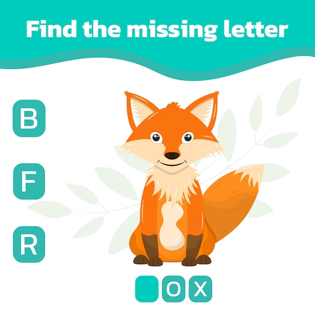 Find the missing letter cute cartoon fox educational spelling game for kids vector illustration