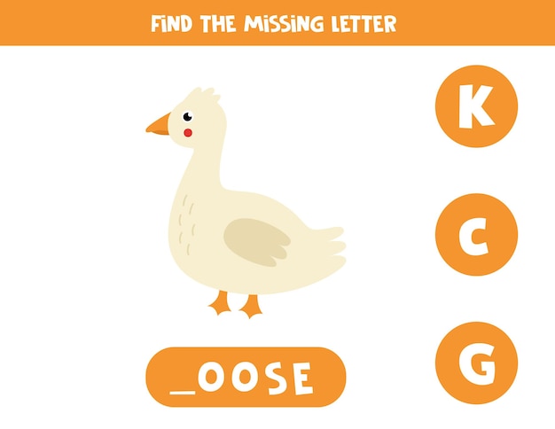 Trova la lettera mancante. oca simpatico cartone animato. gioco di ortografia educativo per bambini.