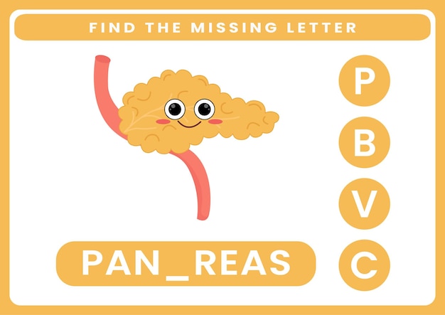 아이들을 위한 귀여운 만화 인체 해부학 및 장기 워크시트의 누락된 편지 찾기