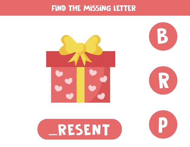 Trova la lettera mancante. simpatico cartone animato san valentino presente. gioco di ortografia educativo per bambini.
