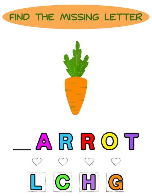 Найди пропавшую букву обучающая орфографическая игра для детейобразовательная головоломка для детей найди пропавшую букву милой мультяшной моркови, лист с ошибками для печати