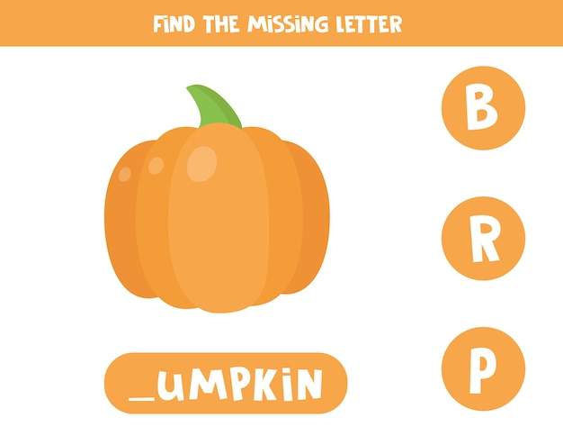 Find missing letter. Educational spelling game for kids.  cute cartoon pumpkin. Practicing English alphabet. Printable worksheet.