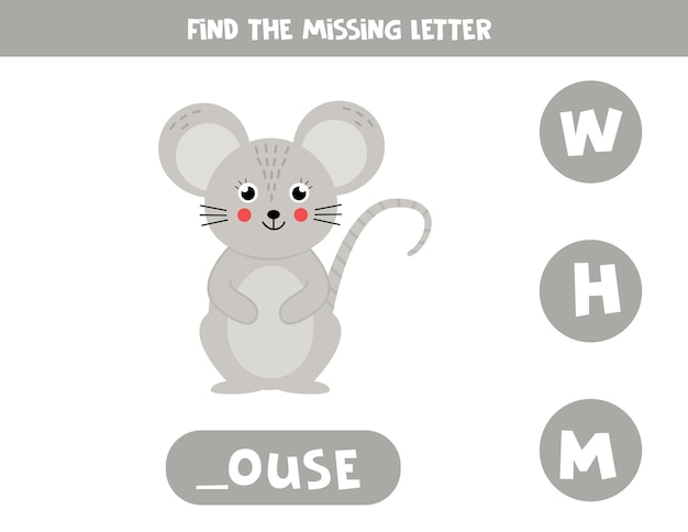 Find missing letter. educational spelling game for kids.  illustration of cartoon mouse. practicing english alphabet. printable worksheet.