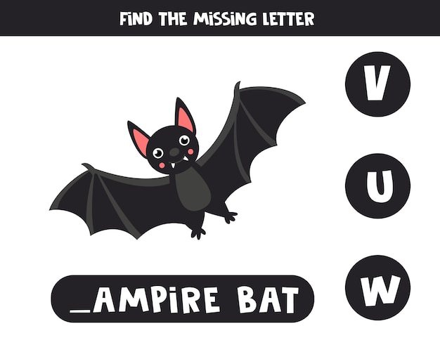 Trova la lettera mancante. gioco di grammatica inglese per bambini in età prescolare. foglio di lavoro di ortografia per bambini con pipistrello vampiro simpatico cartone animato.