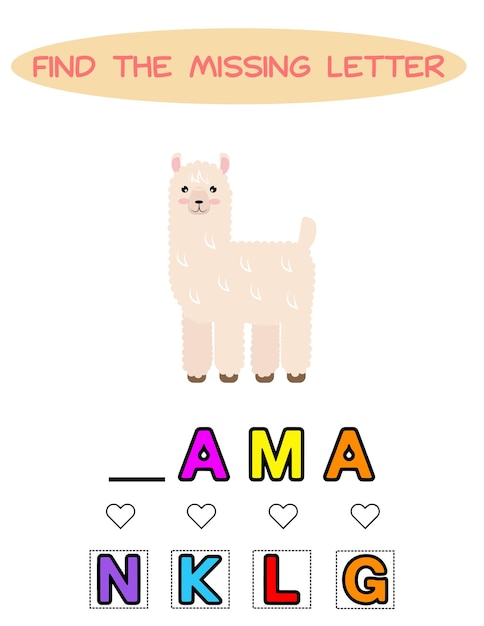 Find missing letter kawaii lama Educational spelling game for kidsEducation puzzle for children find missing letter of cute cartoon lama printable bug worksheet