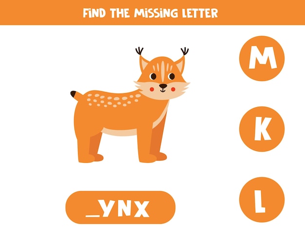 Find missing letter with cartoon lynx Spelling worksheet