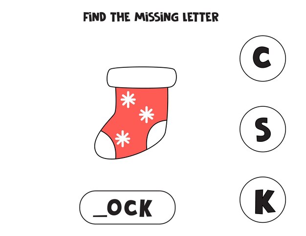 Find Missing Letter With Cartoon Sock. Spelling Worksheet.