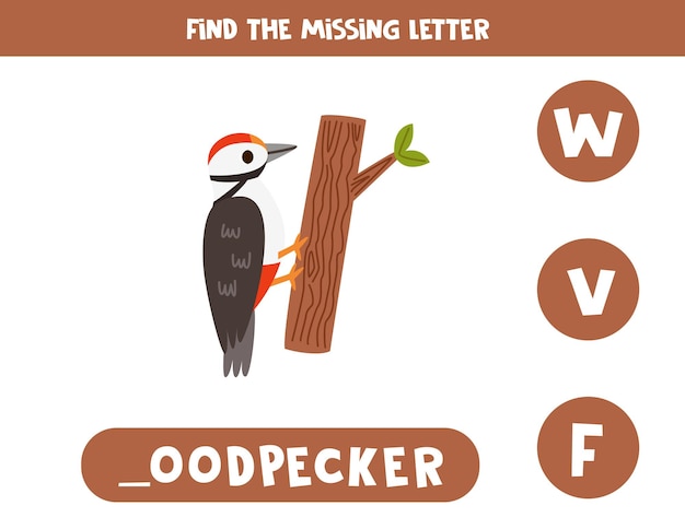 Find missing letter with cartoon woodpecker Spelling worksheet