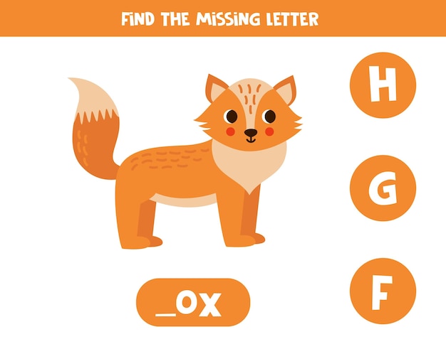 Find missing letter with cute cartoon fox spelling worksheet