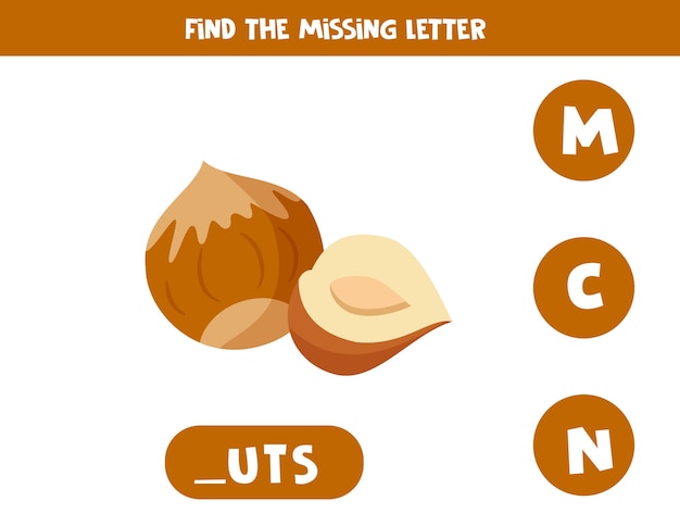 Вектор Найдите пропавшее письмо с милыми мультяшными орехами. развивающая орфографическая игра для детей.