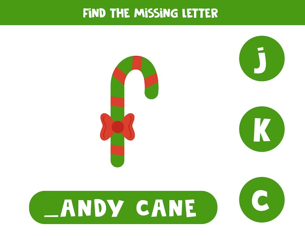 Find missing letter with cute Christmas candy cane Spelling worksheet