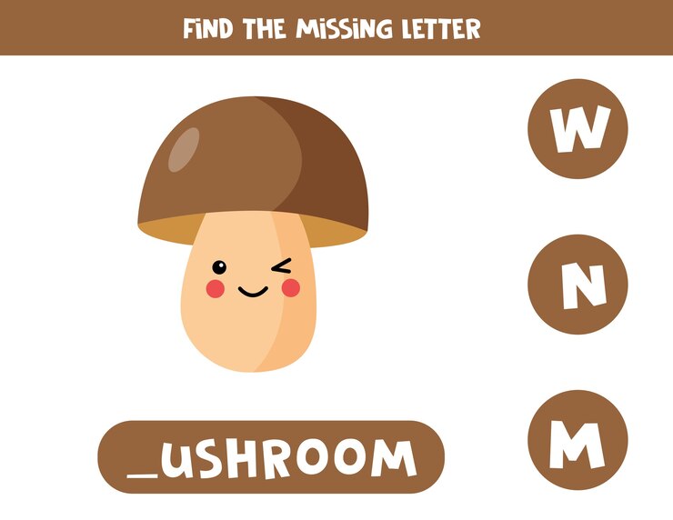 वेक्टर find missing letter with cute kawaii mushroom. educational game for kids. english language spelling worksheet for preschool children.