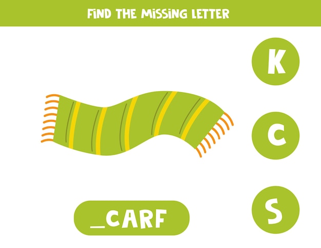 Vector find missing letter with hand drawn green scarf spelling worksheet