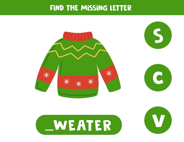 못생긴 크리스마스 스웨터로 누락된 편지 찾기 맞춤법 워크시트