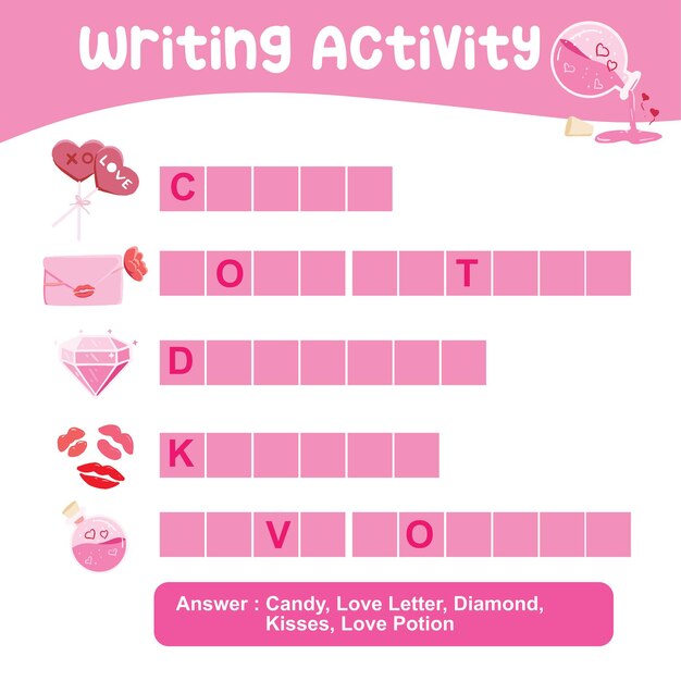 Find the missing letter worksheet. Educational spelling printable game worksheet. Valentine theme.