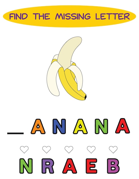 Find missing letter yellow banana educational spelling game for kidseducation puzzle for children find missing letter of cute cartoon apple printable bug worksheet