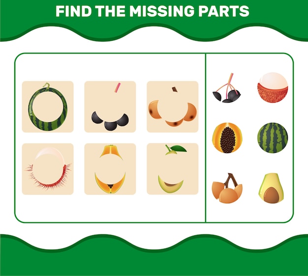 Find the missing parts of cartoon fruits. searching game. educational game for pre shool years kids and toddlers