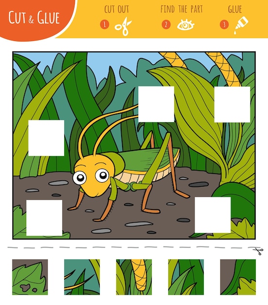 Find the missing pieces jigsaw puzzle game cut and glue squares grasshopper in the grass