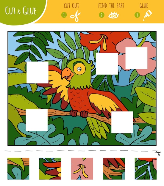 Find the missing pieces jigsaw puzzle game Cut and glue squares Parrot and tropical background