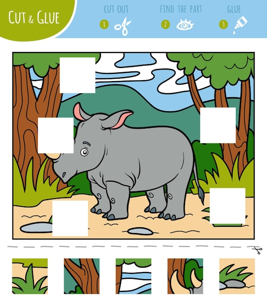 Trova i pezzi mancanti gioco di puzzle taglia e incolla i quadrati rinoceronte e sfondo africano