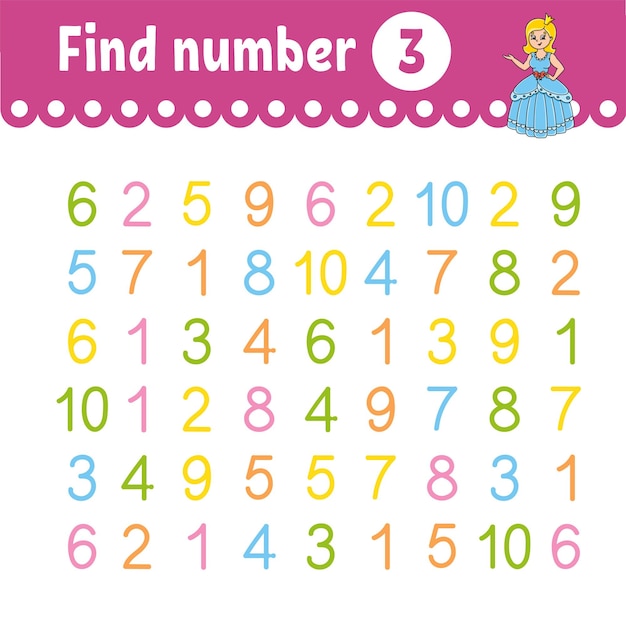 Find number Education developing worksheet Activity page with pictures Game for children Funny character cartoon style Vector illustration