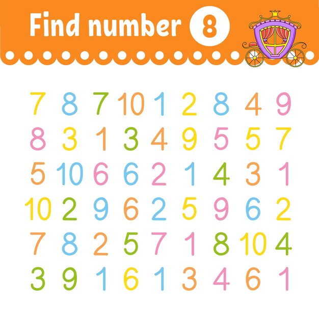 Find number Education developing worksheet Activity page with pictures Game for children Funny character cartoon style