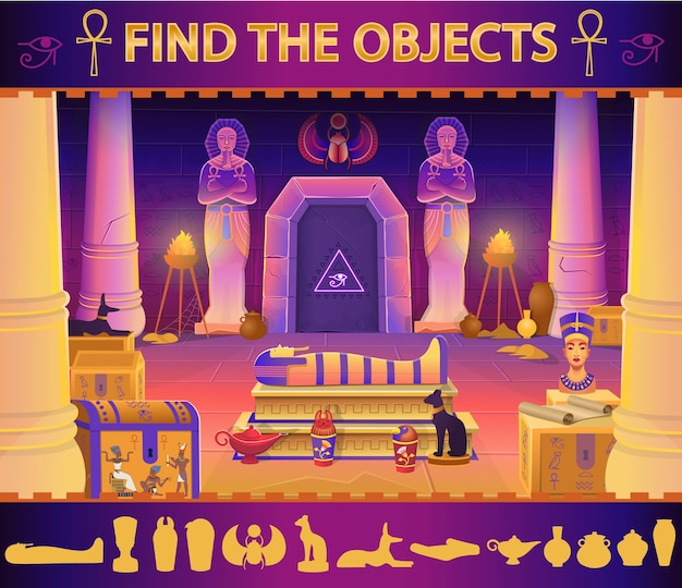 Find the object in the egypt pharaoh tomb: sarcophagus, chests, statues of the pharaoh with the ankh, a cat figurine, dog, nefertiti, columns and a lamp.  cartoon illustration for games.