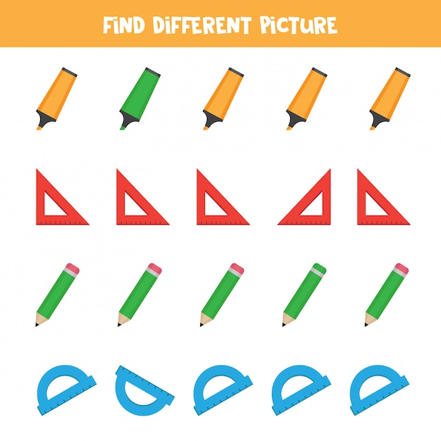다른 것과 다른 물체를 찾으십시오. 사무실 문구. 아이들을위한 논리 게임.