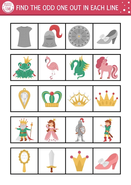 Premium Vector | Find The Odd One Out Fairytale Logical Activity For  Children Magic Kingdom Educational Quiz Worksheet For Kids For Attention  Skills Simple Printable Game With Cute Characters And Objectsxa