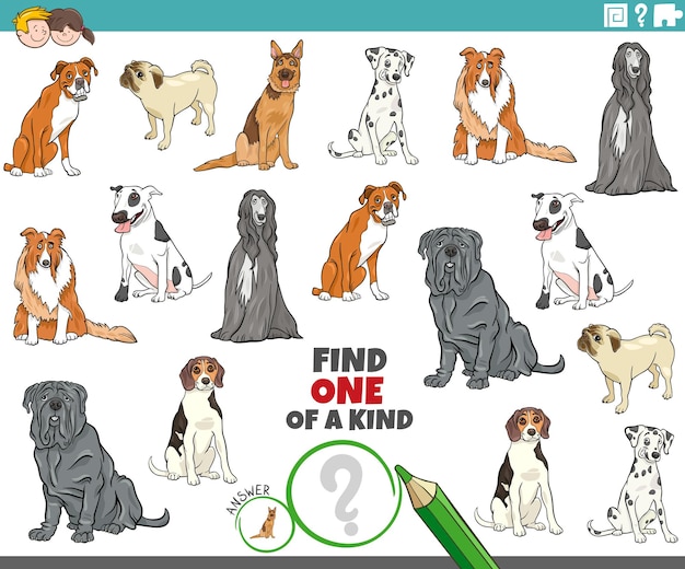 Найти единственное в своем роде задание с картинками с мультяшными собаками, персонажами животных