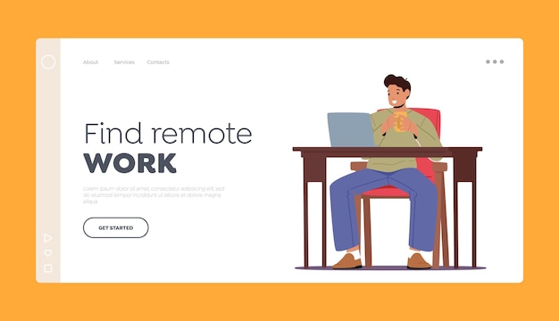 Find Remote Work Landing Page Template Relaxed Man Freelancer Character Sit on Armchair Working Distant on Laptop