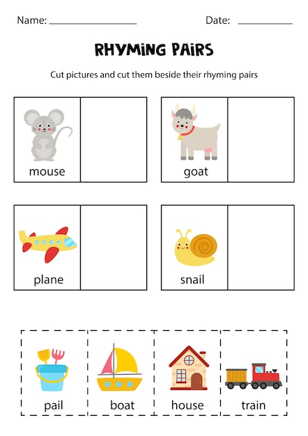 Find rhyming pairs educational worksheet cut and paste