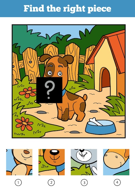 Find the right piece, jigsaw puzzle game for children. Dog and background