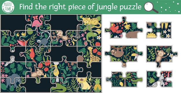 Trova il pezzo giusto del puzzle della giungla. attività estiva di taglio e colla o adesivo per bambini. gioco di artigianato educativo tropicale con simpatici personaggi animali.