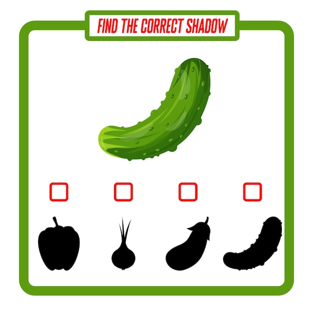 Find the right shade for the cucumber Educational game with vegetables A worksheet for children Preschool education