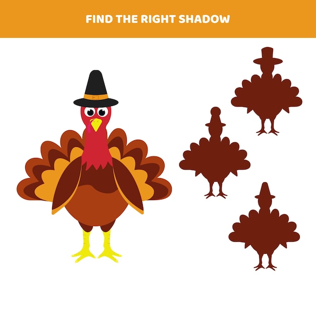 Find the right shadow for cartoon turkey Educational game for kids