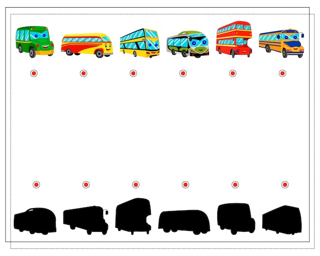 Find the right shadow city transport cartoon buses with eyes and a smile red yellow and green colors