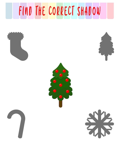 올바른 그림자 찾기 귀여운 크리스마스 트리 나무가 있는 교육용 게임 어린이를 위한 논리 게임