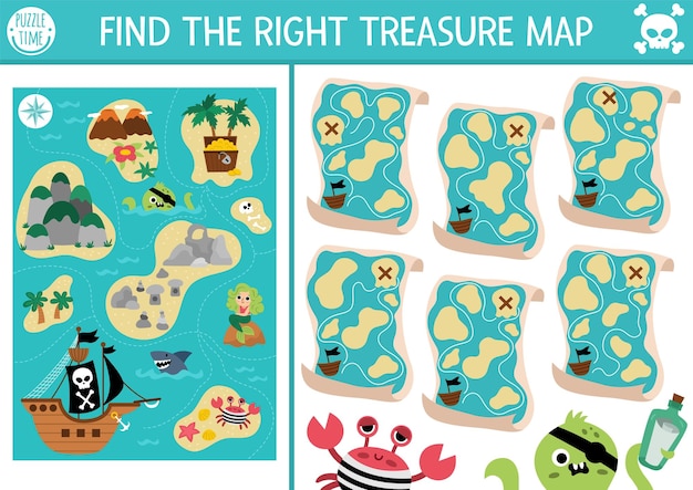 올바른 보물 지도 찾기 어린이를 위한 보물섬 짝짓기 활동 주의력 기술을 위한 어린이를 위한 바다 모험 교육 퀴즈 워크시트 귀여운 계획이 있는 인쇄 가능한 간단한 게임xA