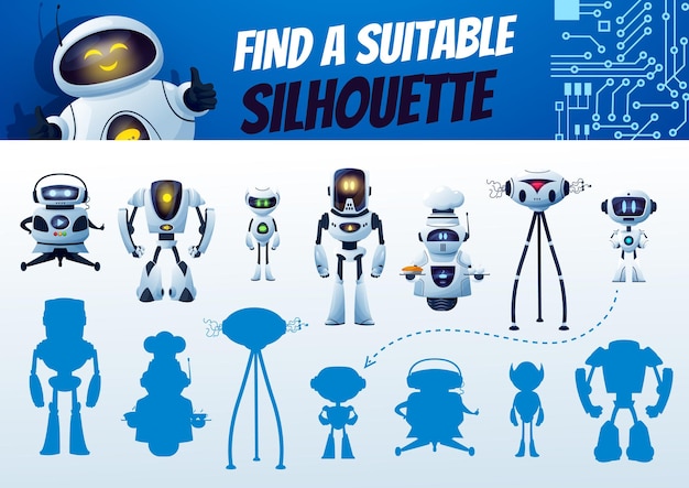 Find a robot silhouette maze game. kids shadow match vector riddle, search correct cyborg shade. children logic test with cartoon androids and artificial intelligence bots characters. education task