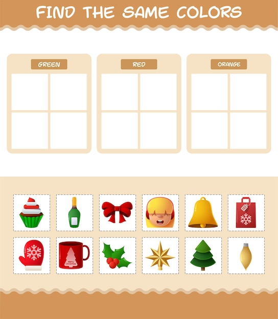 Find the same colors of christmas. Searching and Matching game. Educational game for pre shool years kids and toddlers