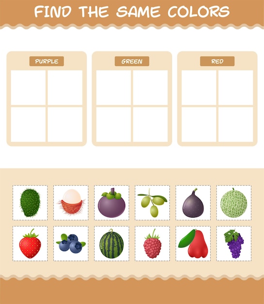 Find the same colors of fruits. Searching and Matching game. Educational game for pre shool years kids and toddlers