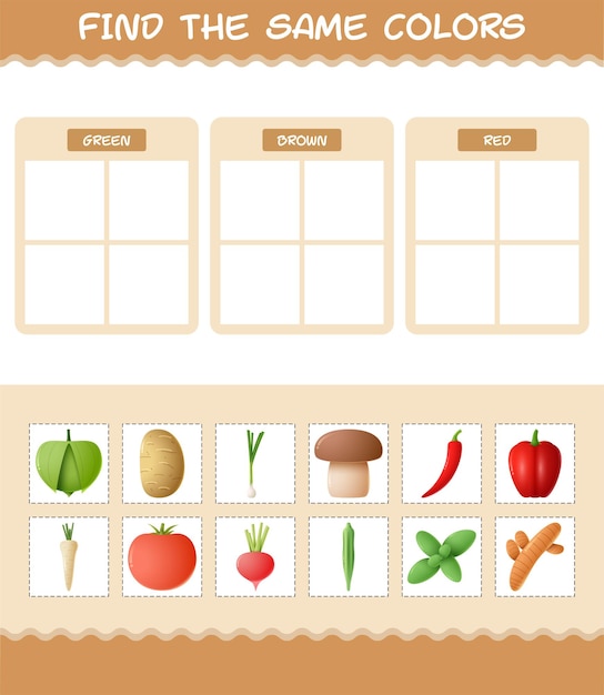 Find the same colors of vegetables. searching and matching game. educational game for pre shool years kids and toddlers