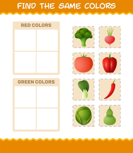 Find the same colors of vegetables. Searching and Matching game. Educational game for pre shool years kids and toddlers