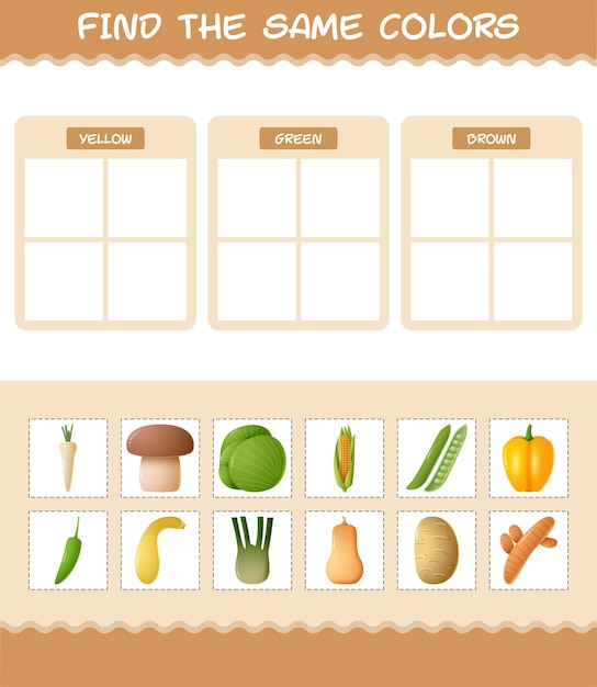 Find the same colors of vegetables. searching and matching game. educational game for pre shool years kids and toddlers