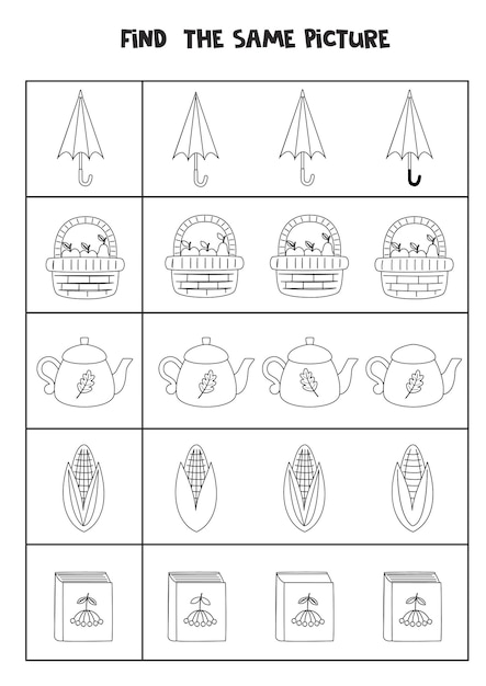 Найдите одинаковое изображение черно-белых осенних предметов. Учебный лист для детей.