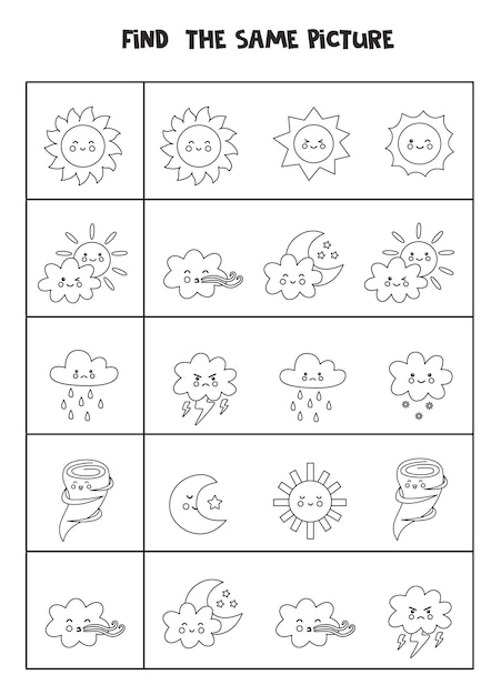 Find the same picture of black and white weather elements. Educational worksheet for kids.