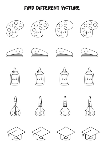 他とは違う学用品を探しましょう。子供のための黒と白のワークシート。