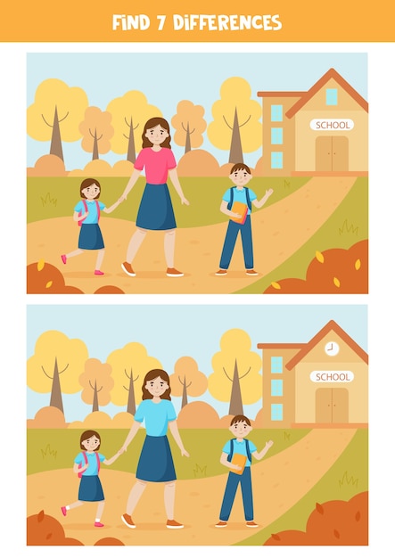 Find seven differences between two pictures. Mother and children go to school.